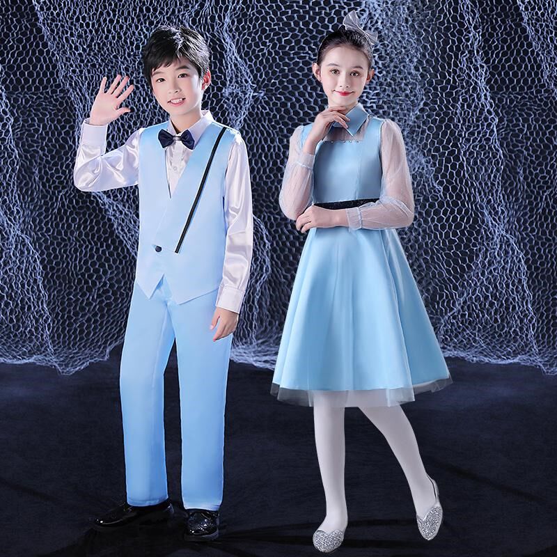元旦儿童合唱服装演出服男女童礼服中小学生表演朗诵纱裙大合唱团