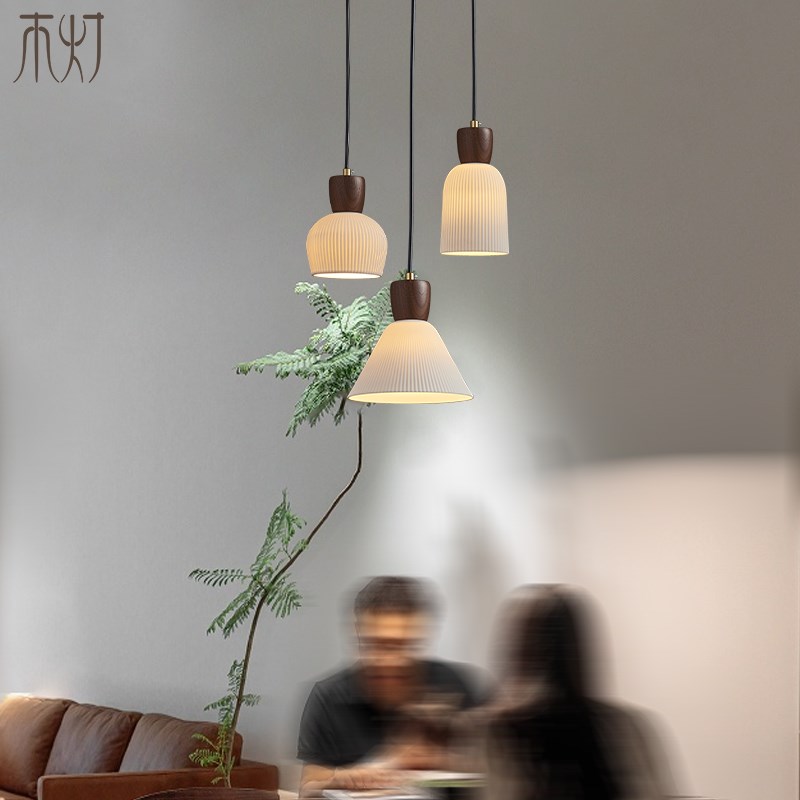 中古风卧室床头吊灯复古胡桃木单头餐厅灯具侘寂吧台岛台茶室小灯