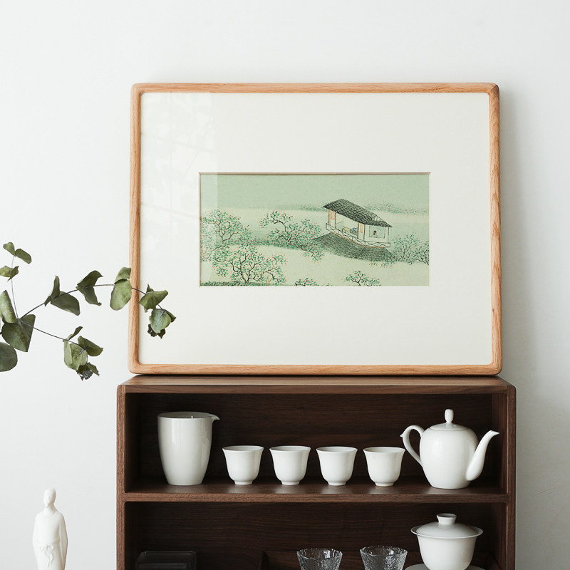 新中式山水画水墨禅意茶室原木风仙鹤实木画框民宿酒店日式小挂画