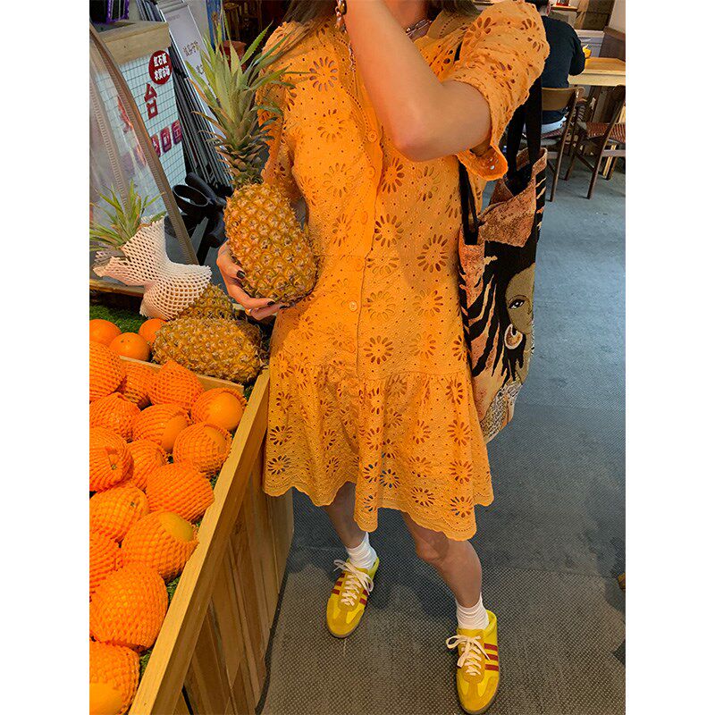 落落狷介 衬衫式连衣裙女夏季新款短袖V领蕾丝衬衫裙女小个子短裙