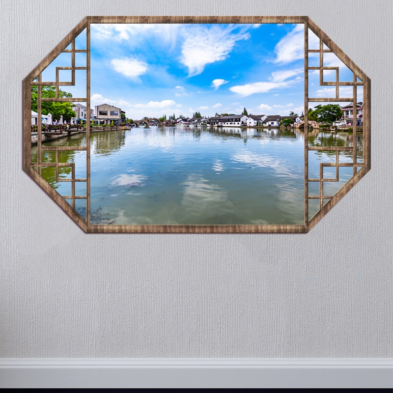 3D立体中国风古典假窗户墙贴画复古老城风景中式假窗客厅装饰贴画