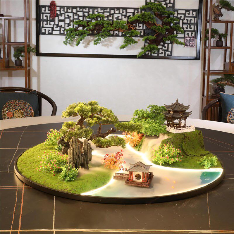 餐桌中间摆花喷雾化流水灯光遥控桌摆转盘花摆圆桌芯装饰盆景花瓶