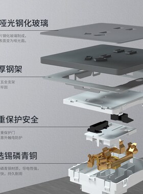 超薄灰色钢化玻璃肤感开关面板家用墙壁磨砂一开双控带5五7孔插座
