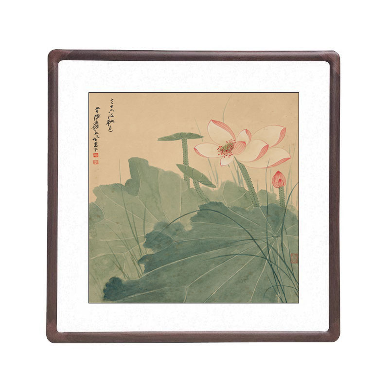 张大千荷花新中式客厅装饰画办公室花鸟挂画玄关过道斗方带框字画