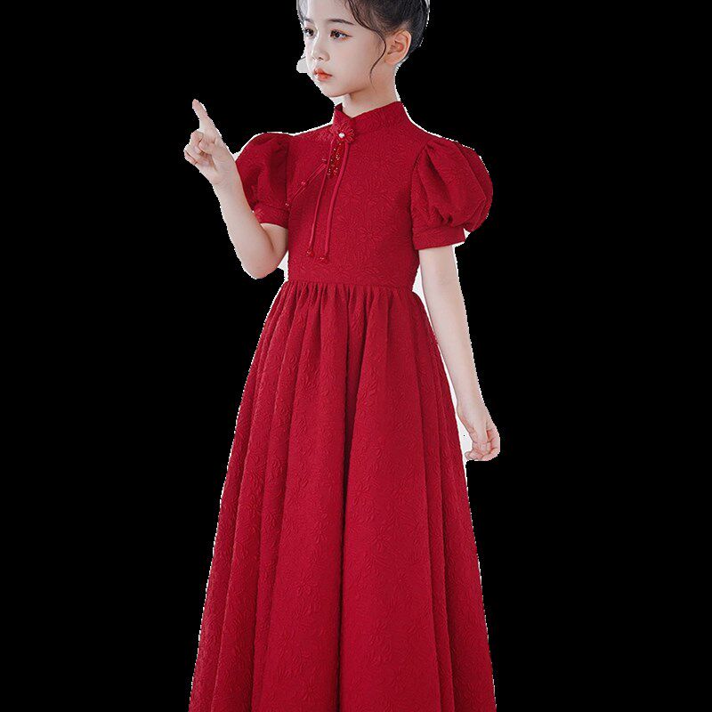 小女孩红色生日公主裙圣诞节儿童中式高端晚礼服元旦主持人表演