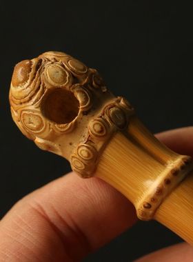 精品纯手工精磨天然满钉实心竹小烟嘴竹根雕一体小过滤咬嘴竹烟斗