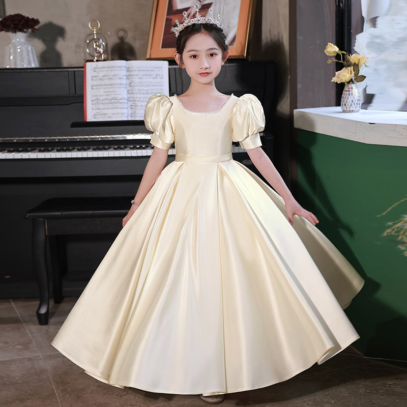 儿童礼服高端缎面花童生日公主裙小女孩钢琴表演女童演出服香槟色