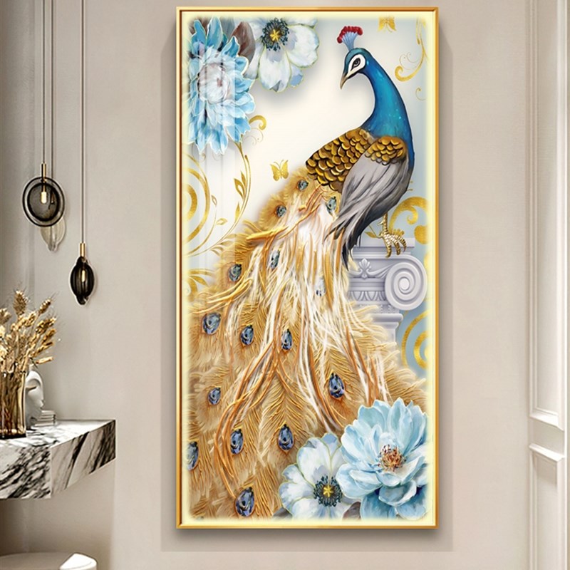 网红孔雀入户代玄关装饰画发光灯画轻奢现高档对门挂画凤正凰壁画