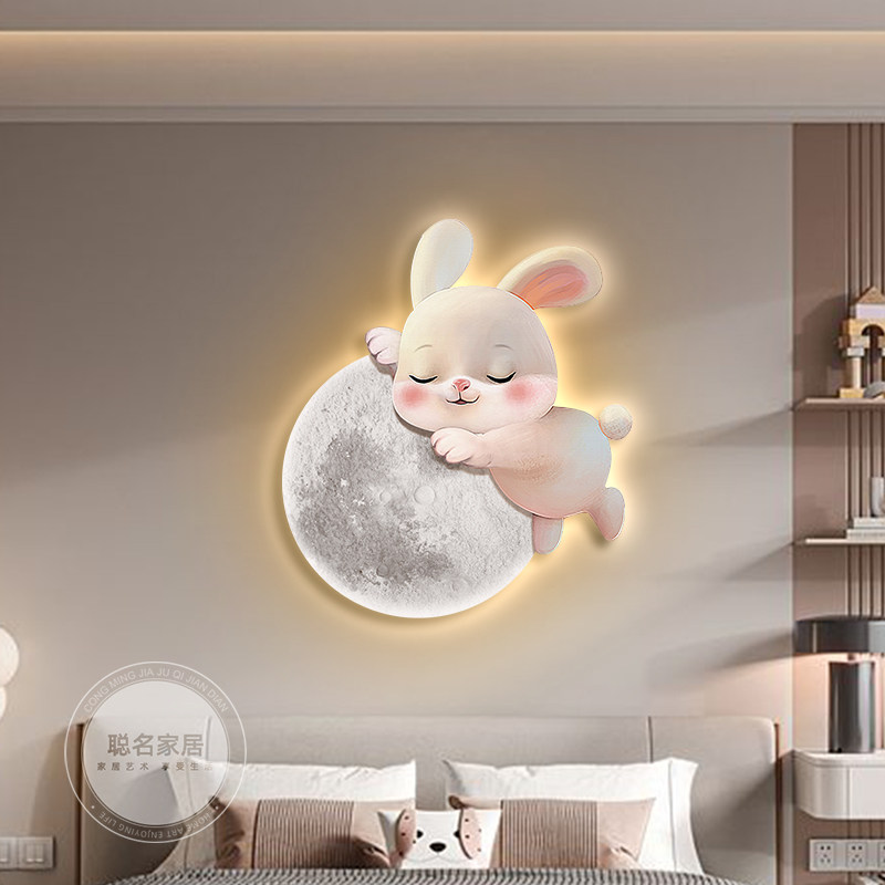 玉兔儿童房装饰画创意发光灯画卡通萌宠男孩女孩房间卧室床头挂画
