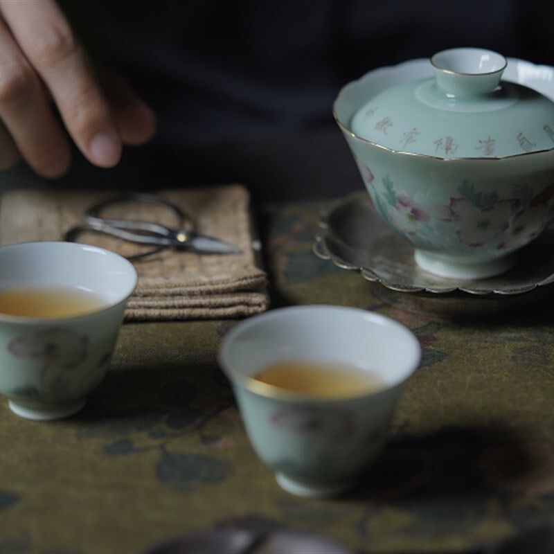 弥云斋嫣然没骨虞美人豆青釉茶具套装