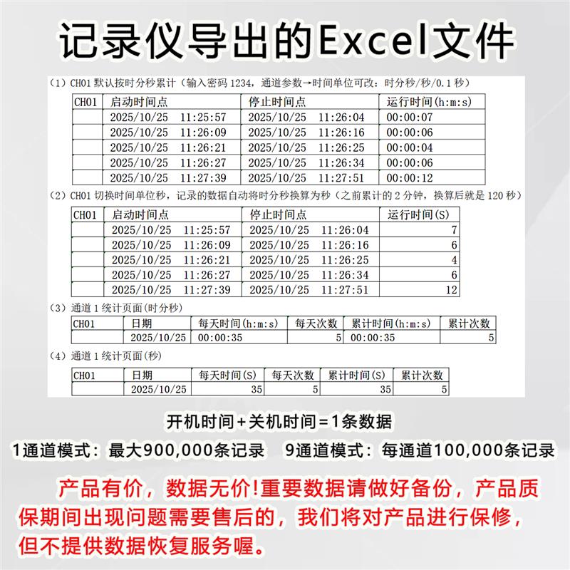 工业级多通道设备运行时间记录仪 锅炉工作计时器 通断电开关量计