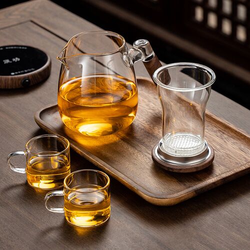 防爆玻璃泡茶杯茶水分离过滤冲茶器三件杯家用花茶杯胡桃木泡茶壶