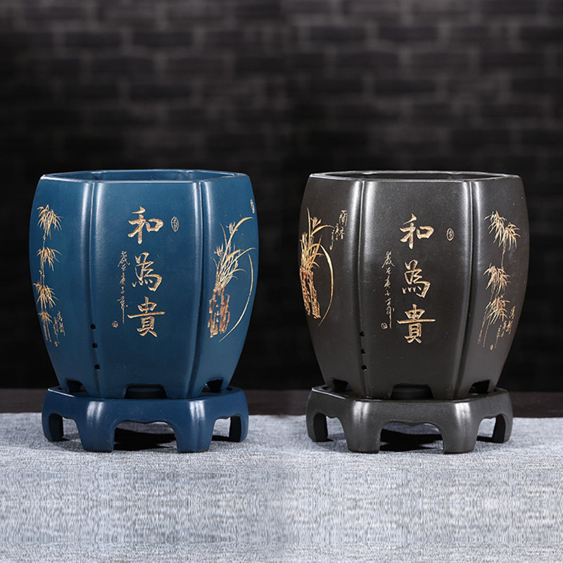 精品兰花盆六方紫砂花盆带底座大号君子兰花盆室内桌面家用透气盆