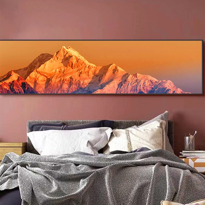 雪山客厅沙发背景墙装饰画长旗床头挂画雪山超大山水画高清画