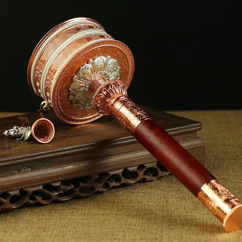 新款藏式纯铜手摇转动桶六字大白伞手摇转金轮家用浮雕八吉祥摆件