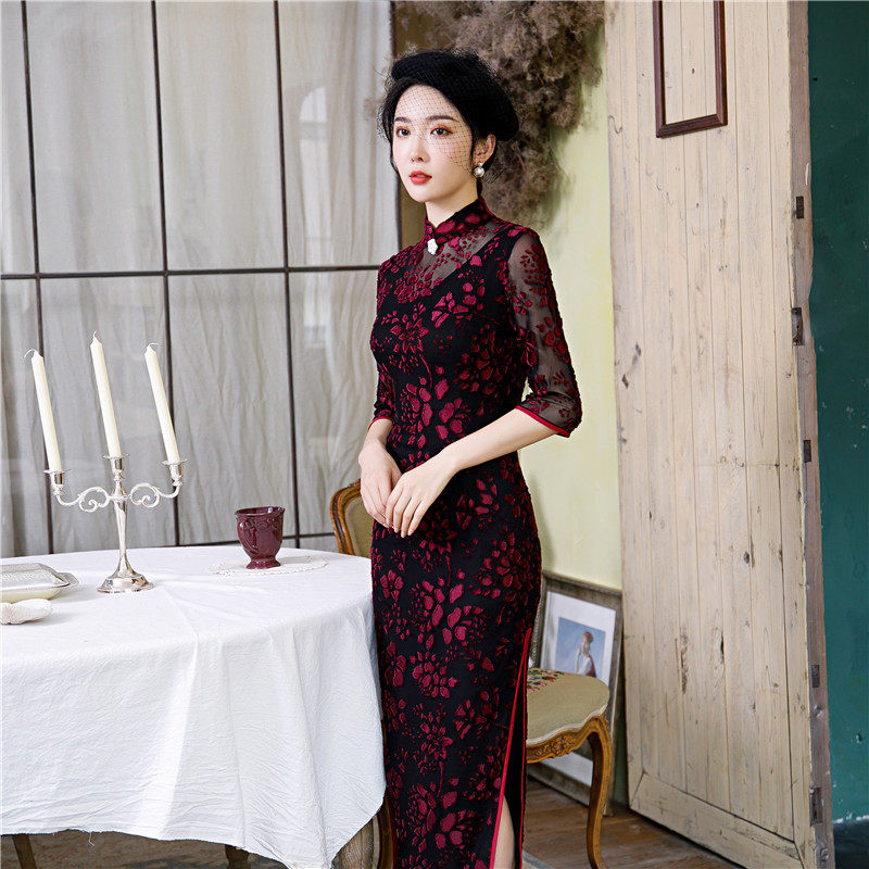 2026新款春秋雪尼尔植绒七分袖旗袍日常走秀大码改良妈妈喜婆婆旗