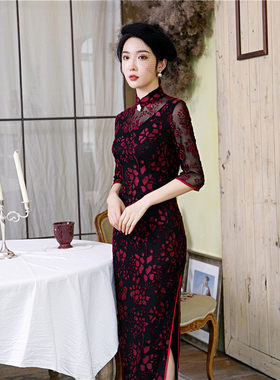 2026新款春秋雪尼尔植绒七分袖旗袍日常走秀大码改良妈妈喜婆婆旗
