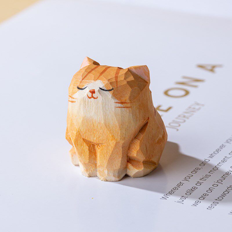 可爱卡通治愈系木雕风小猫咪摆件创意礼品