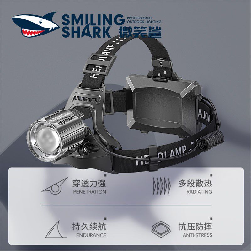 微笑鲨LED激光头灯强光充电超亮头戴式灯户外大容量52000夜钓鱼灯