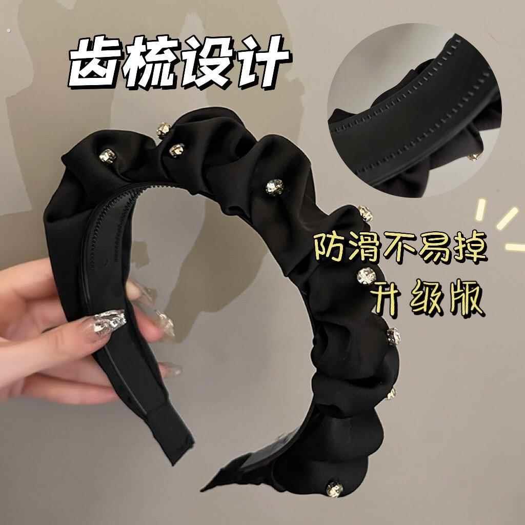 黑色发箍高颅顶复古法式头箍女显脸小水钻褶皱高级感头饰网红发卡