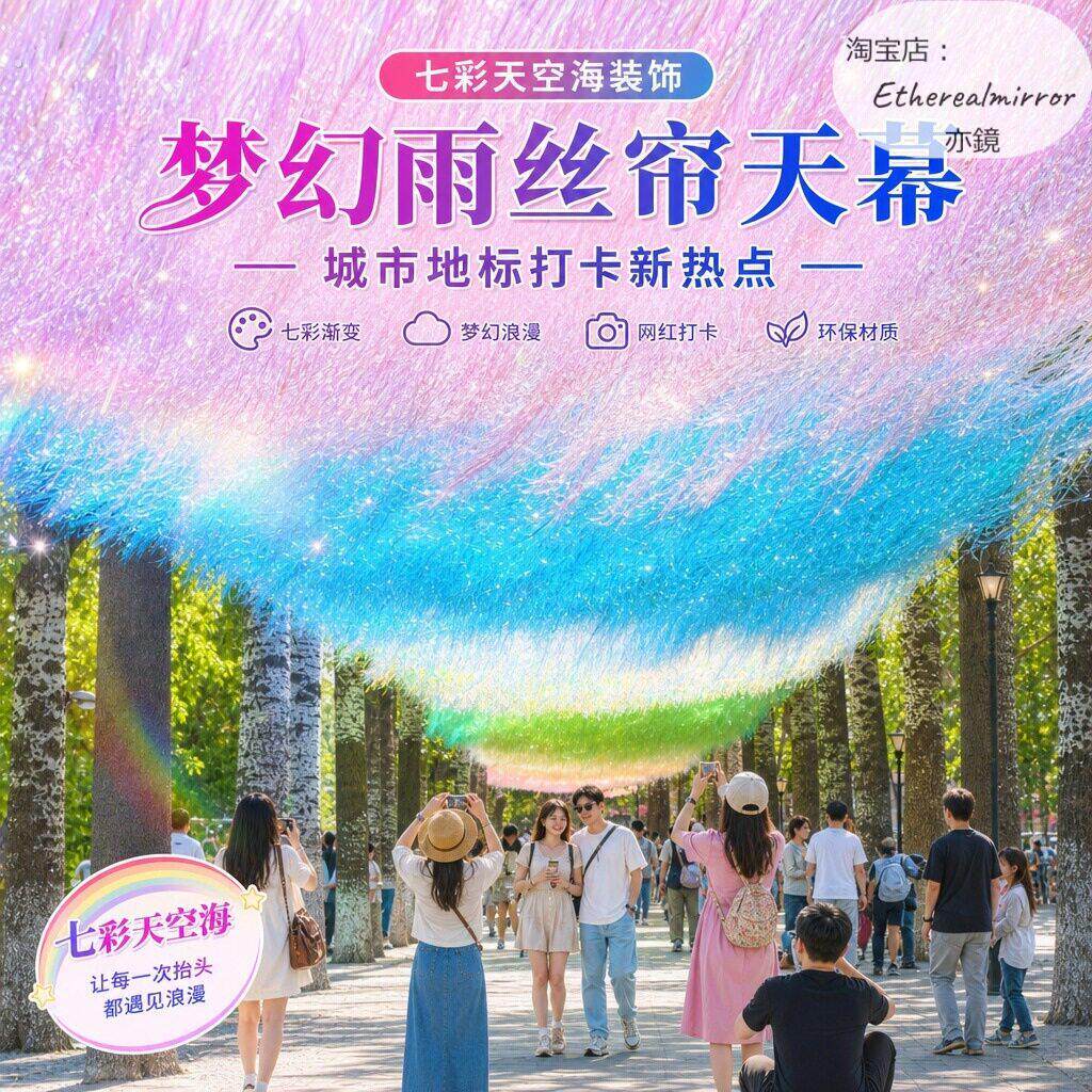 七彩镭射雨丝帘夏季风动天幕风景区手札帘子炫彩蓝天幕天空流星雨