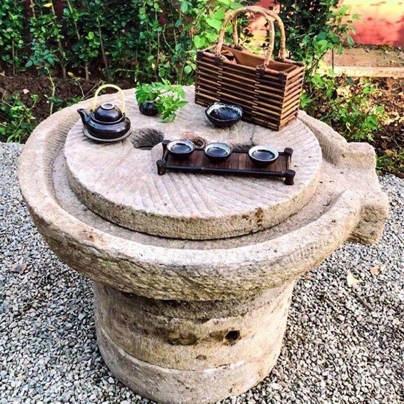 石磨茶盘磨片茶台庭院旧石器摆件茶托茶具磨盘木架石桌家用