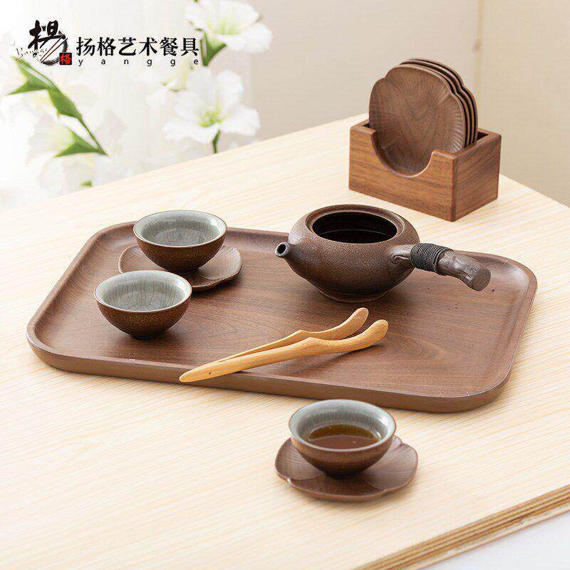 扬格胡桃木纹托盘日式家用客厅酒店餐具茶盘长方形圆盘果盘点心盘