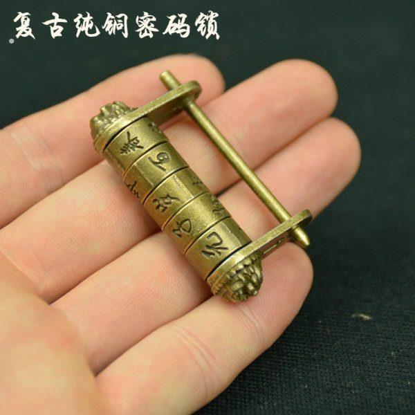 古玩挂箱锁中式锁仿古铜锁插销横开密码锁复古纯铜挂锁老式小铜锁