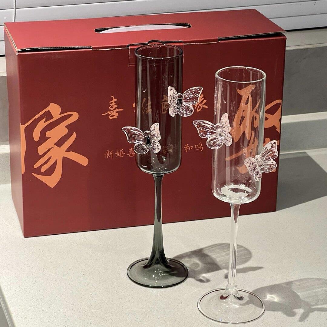 蝴蝶高脚杯家用高颜值红酒杯创意情侣敬酒杯新婚礼物超精致香槟杯