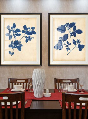 简美餐厅书房背景植物挂画卧室床头画蓝色树叶装饰画美式饰品墙画