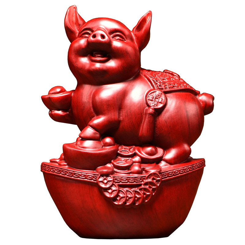 红花梨木雕猪摆件实木十二生肖一套客厅家居电视柜装饰送礼工艺品