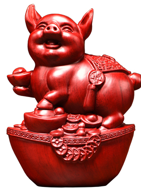 红花梨木雕猪摆件实木十二生肖一套客厅家居电视柜装饰送礼工艺品