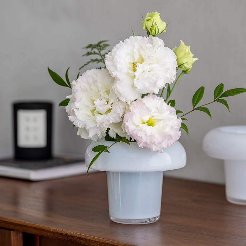 昀/YYUN 手工玻璃花瓶摆件客厅鲜花插花瓶桌面玄关创意奶白小蘑菇