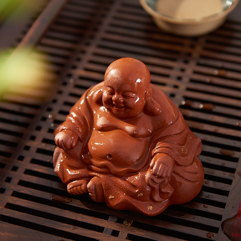 汉唐紫砂茶宠 宜兴紫砂弥勒佛开心佛手工雕塑摆件茶玩功夫茶道配