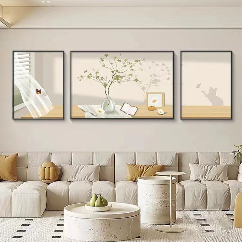 客厅三连画轻奢高级感挂画创意光影侘寂风沙发背景墙装饰画小清新
