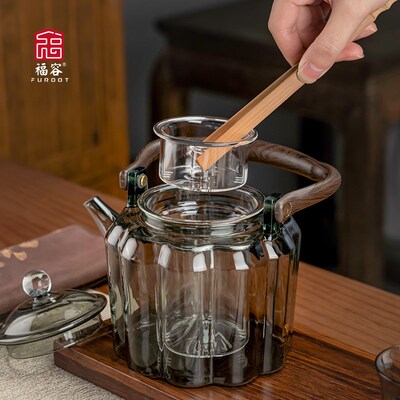 福容文思壶提梁壶煮茶壶蒸煮两用款烟灰色耐高温高硼硅玻璃茶壶