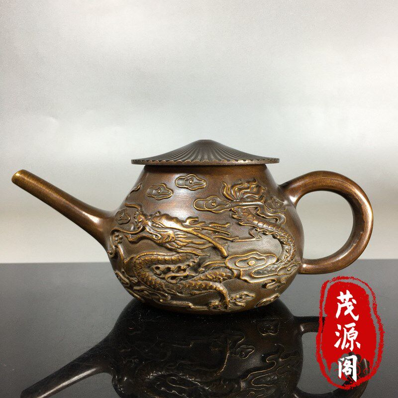古玩老铜壶纯铜浮雕龙凤呈祥酒壶茶壶水壶家居茶道桌面摆件老物件