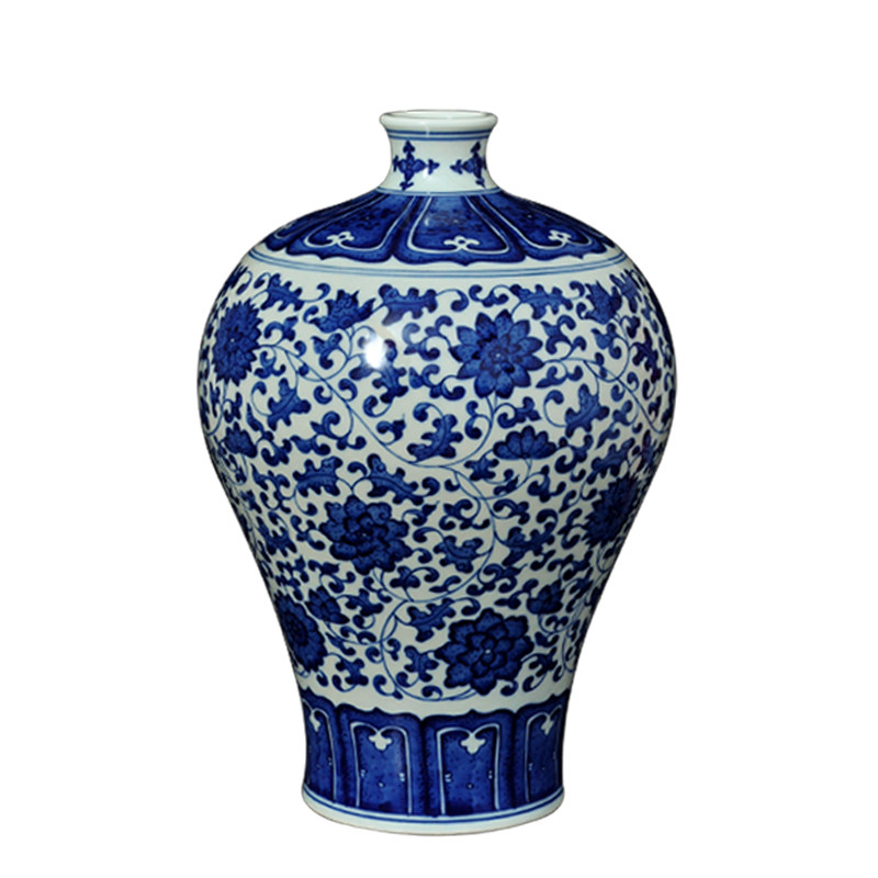 景德镇青花瓷陶瓷花瓶 全手绘手工仿古青花缠枝花纹梅瓶装饰摆件