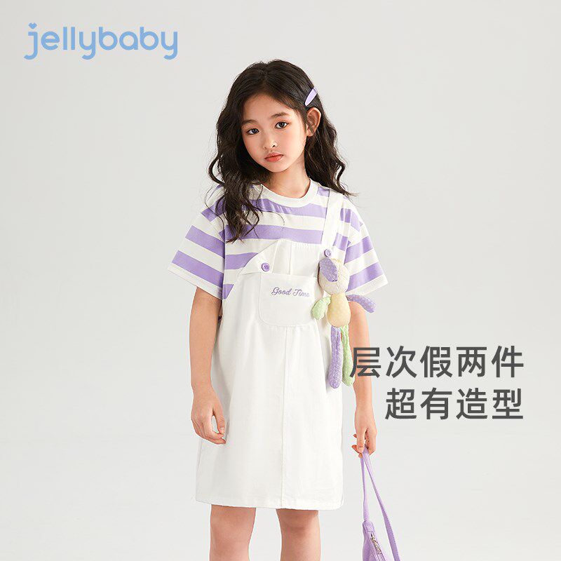 女童连衣裙夏季女宝宝背带裙假两件条纹立体玩偶可爱儿童裙子夏天