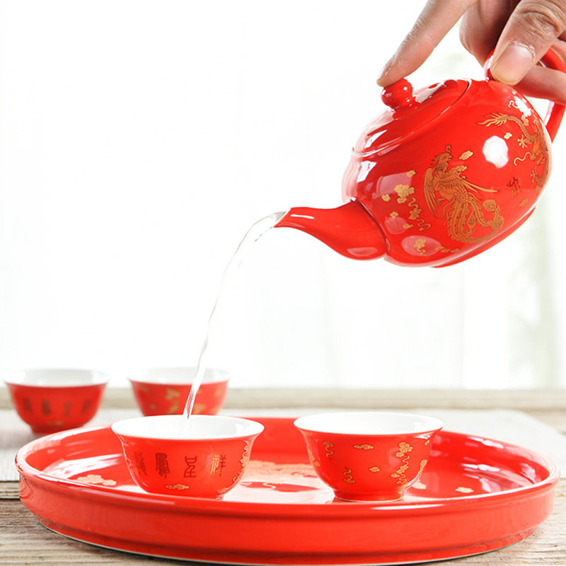 结婚茶具套装婚庆瓷托盘新婚敬茶杯喜庆传统红色龙新人敬茶壶