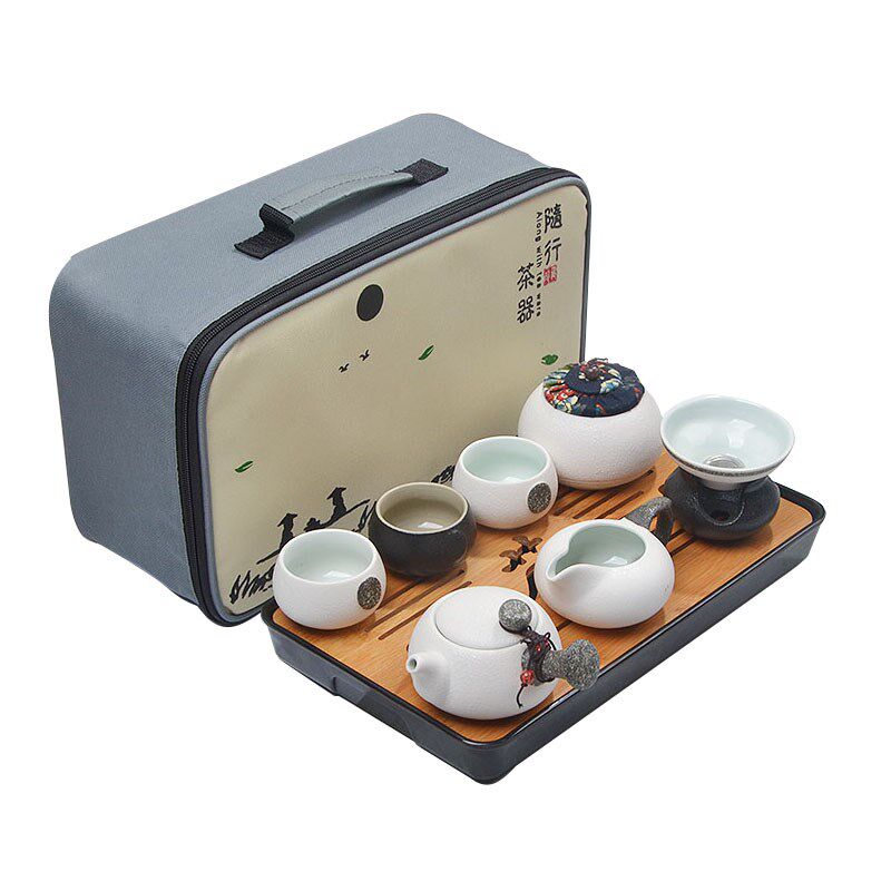 竹茶盘陶瓷旅行茶具套装简约家用功夫泡茶壶茶杯便携式旅游包宿舍