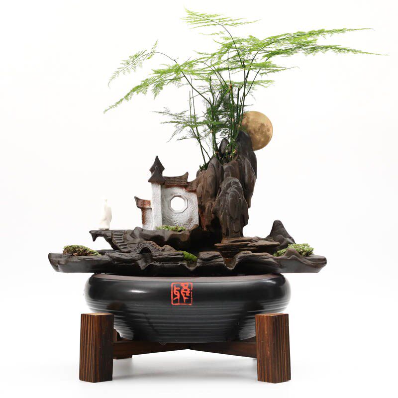 宽和 流水器创意陶瓷小型鱼缸循环抽水泵新中式家居玄关雾化摆件