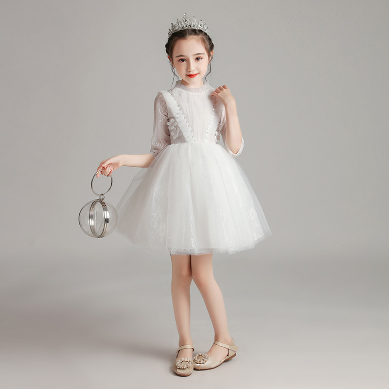 儿童白色礼服公主裙生日洋气小女孩花童婚纱主持人钢琴演出服秋冬