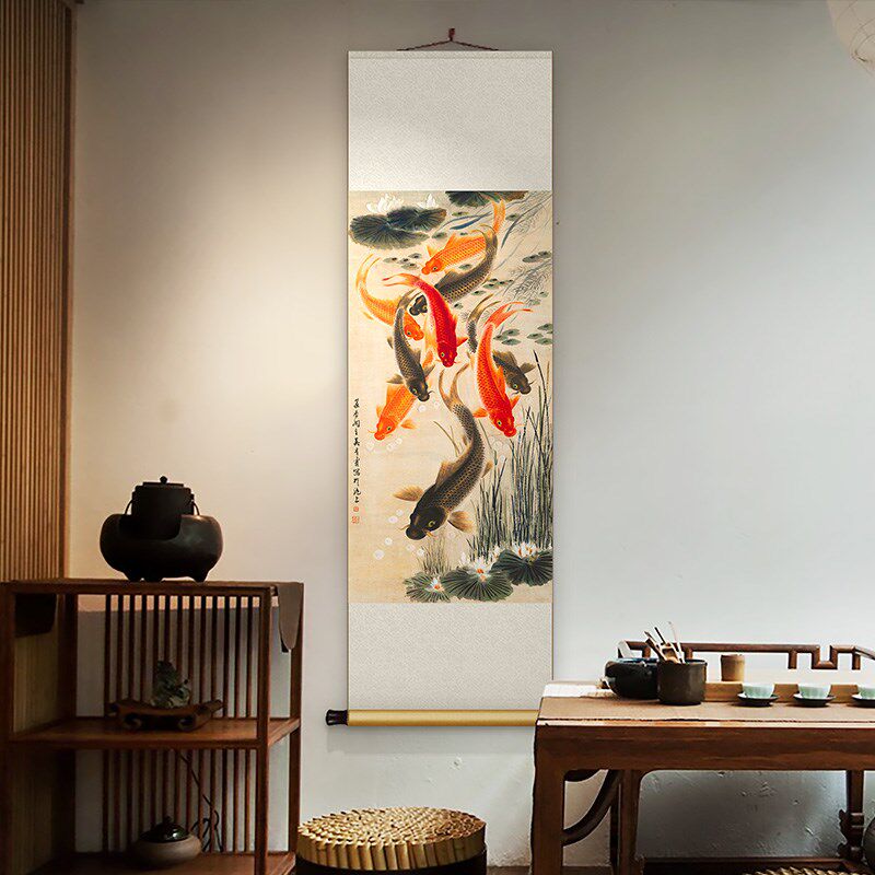 年年有鱼入户玄关画九鱼图挂画新中式客厅装饰画竖版装裱卷轴国画