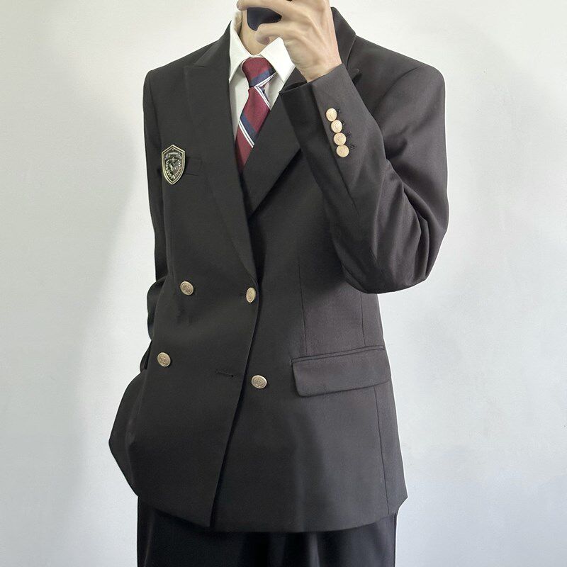 【刺篇】dk制服校供感上衣西装黑色蓝色男休闲外套双排扣西服套装
