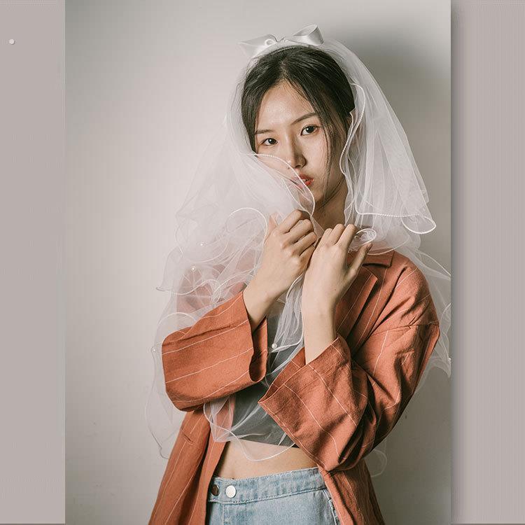 多层蓬蓬求婚用女生头纱新娘蝴蝶结结婚简约复古婚纱头纱短款超仙