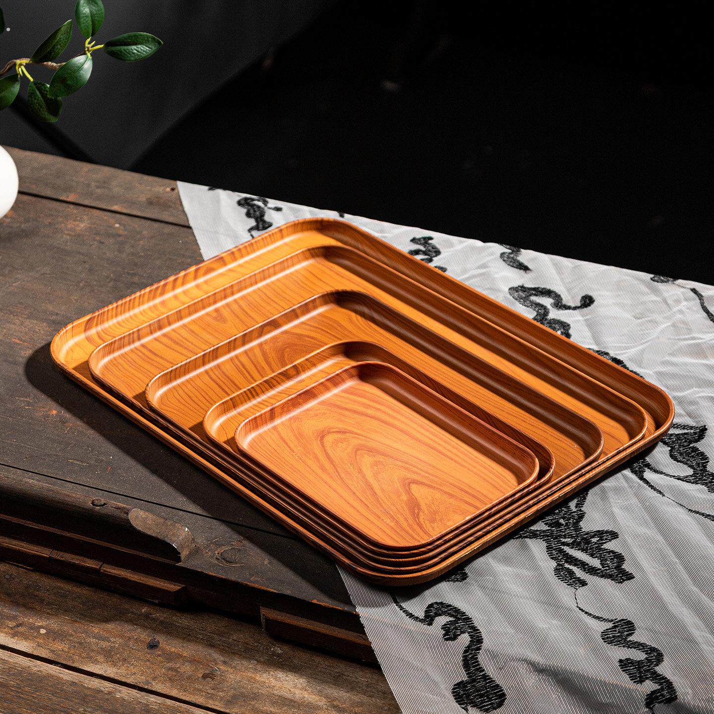 创意仿木纹托盘长方形家用水杯茶杯收纳茶盘塑料商用蛋糕甜品餐盘