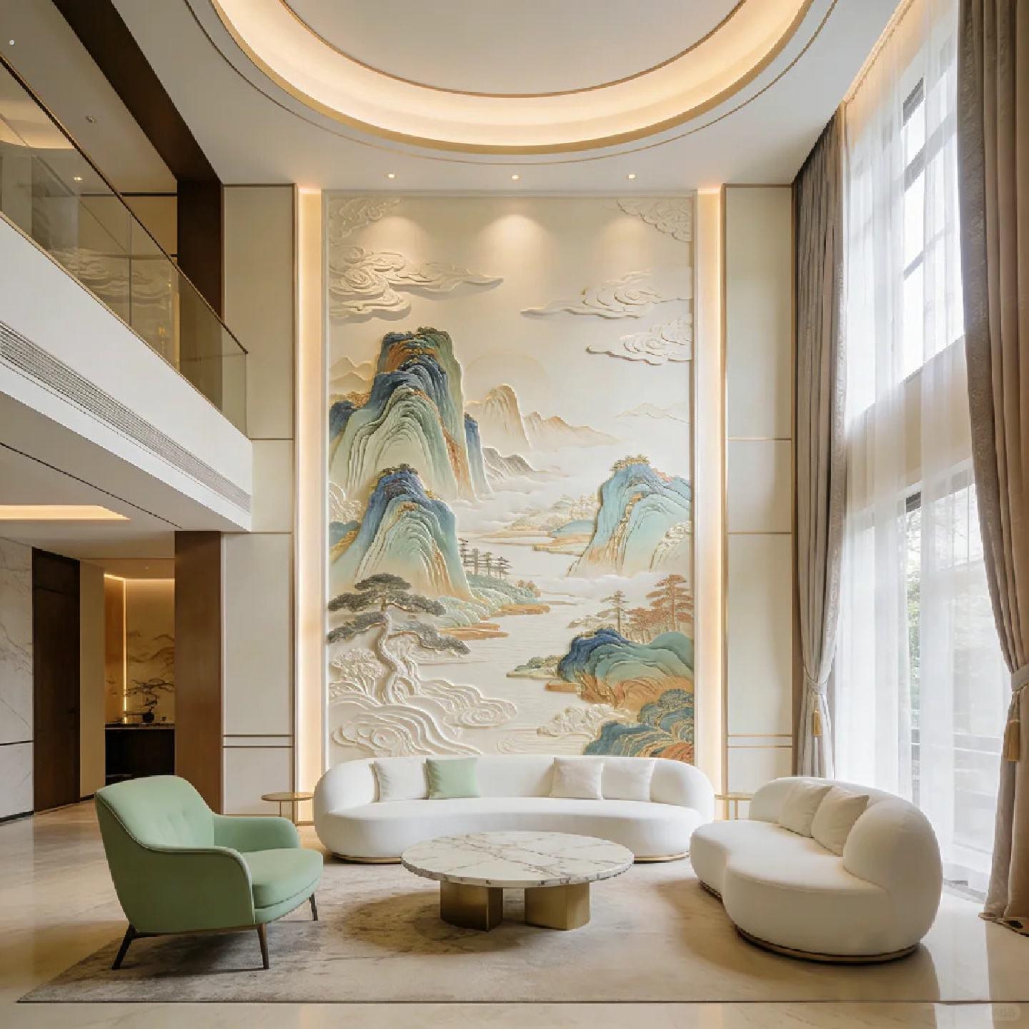 超浮雕壁画新中式千里江山背景墙布客厅沙发电视装饰墙画高端壁布