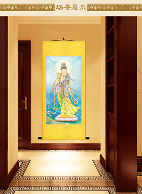 东方三圣画像 药师佛如来日光月光菩萨佛像画 佛陀卷轴挂画装饰画