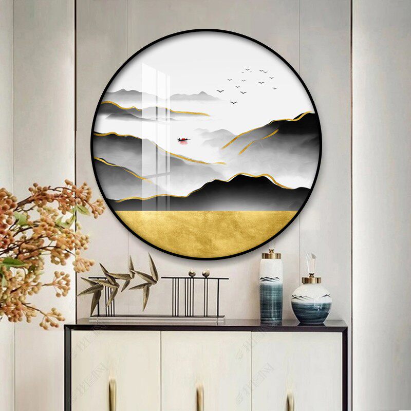 走廊玄关装饰画客厅背景墙挂画圆形山水风景画轻奢新中式金山生财